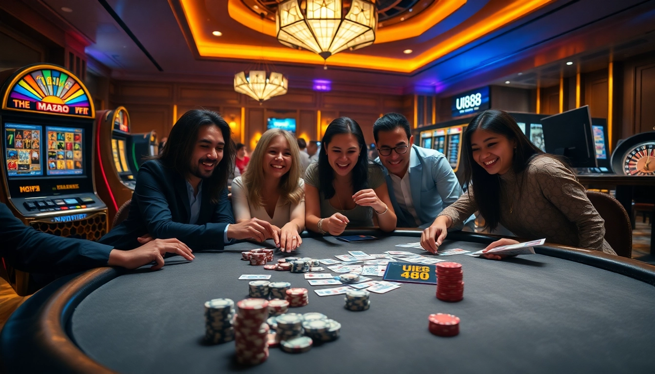 UU88 casino players engaging in high-stakes poker with colorful chips and cards