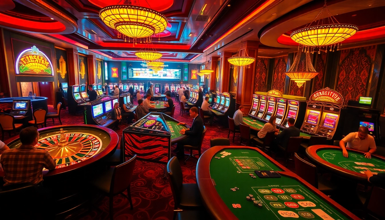 Exciting casino scene at https://tk88t.org/ showcasing players engaged at poker tables and vibrant slot machines.