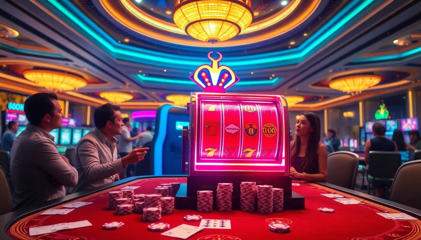 Excited players enjoying the luxury of Slot Online gaming with vibrant neon slot machines.