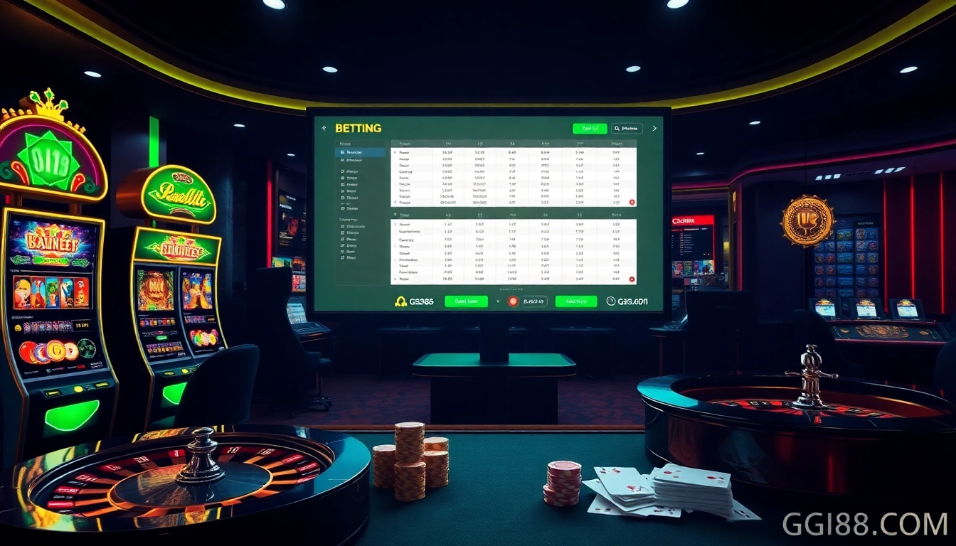 Experience the thrill of online gambling at GG88.COM with vibrant slot machines and luxurious casino elements.