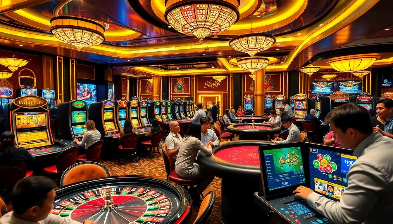 Experience thrilling gameplay at 99ok's luxurious casino atmosphere with vibrant gaming tables.