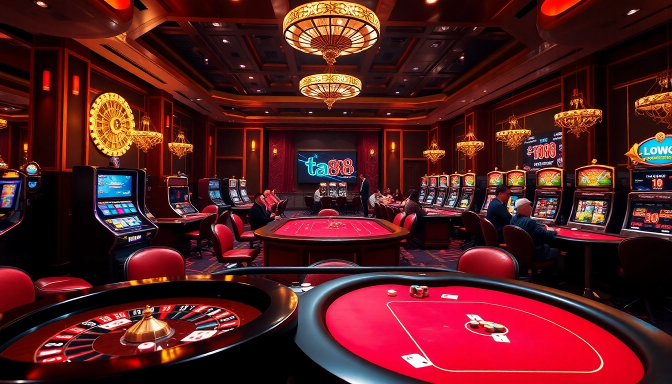 Experience ta88's luxurious online gambling with vibrant casino visuals featuring tables, cards, and slots.