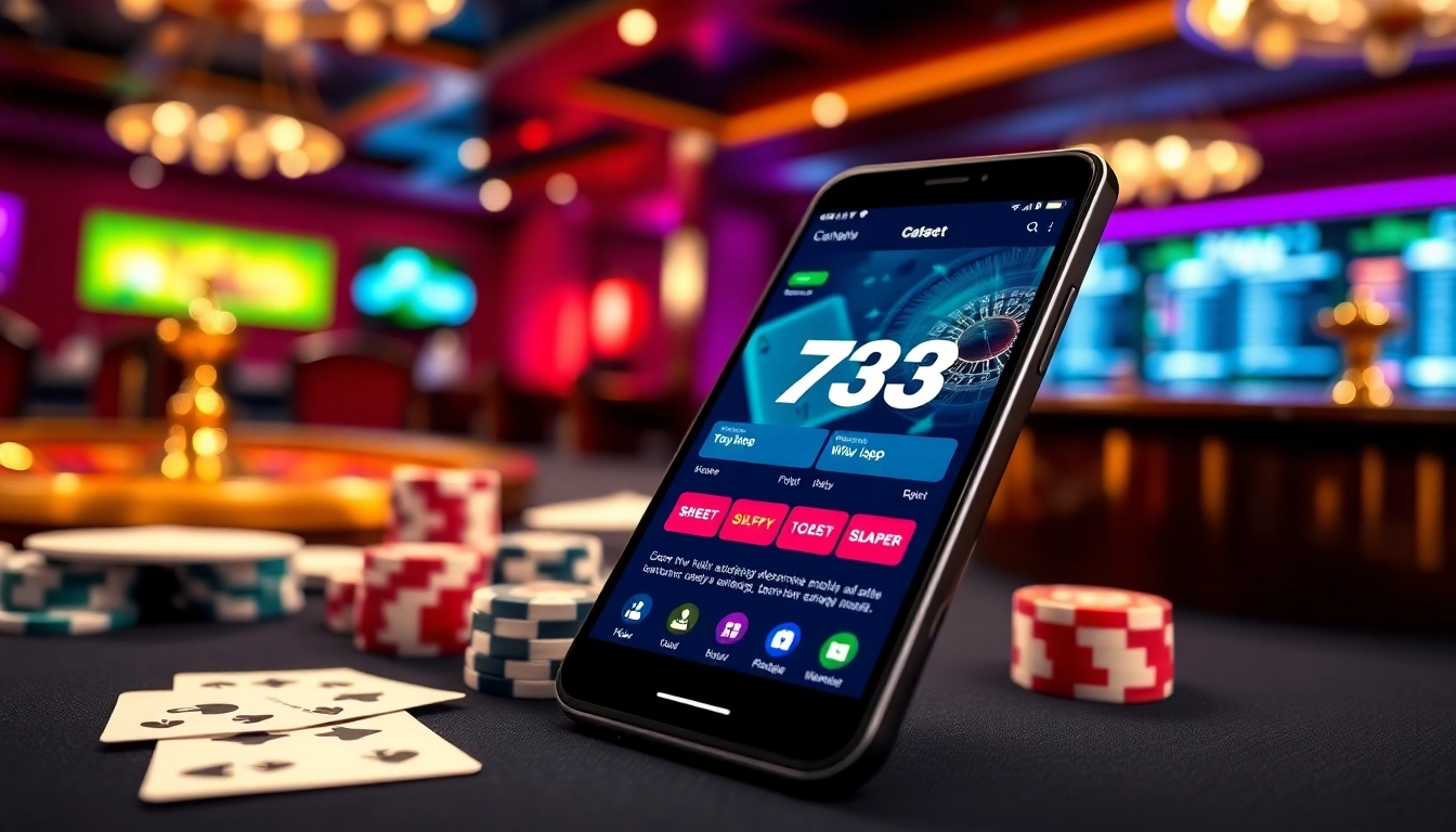 Experience the thrill of betting with the 733bet App showcased in a vibrant casino setting.