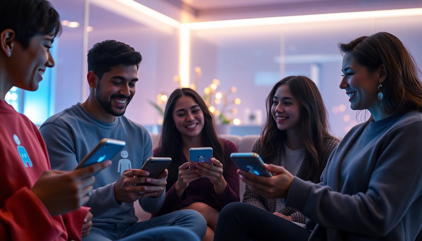 Engaging AI sex chat experience with animated characters and diverse users in a warm, inviting digital environment.