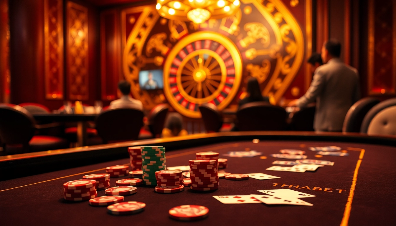 Experience the thrill of gambling with THABET at an elegant casino table with chips and cards.
