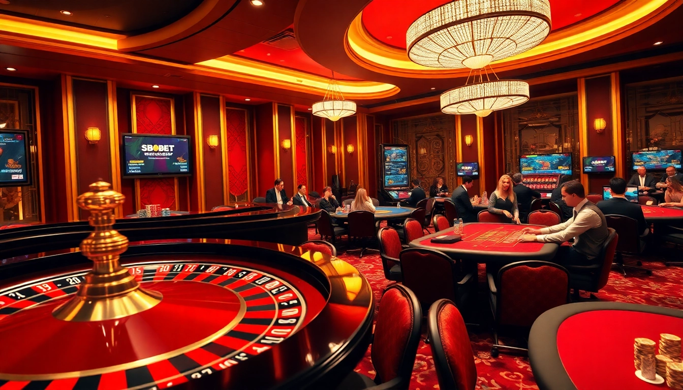 Experience the thrill of SBOBET betting action at a luxurious casino, featuring poker tables and roulette wheels.