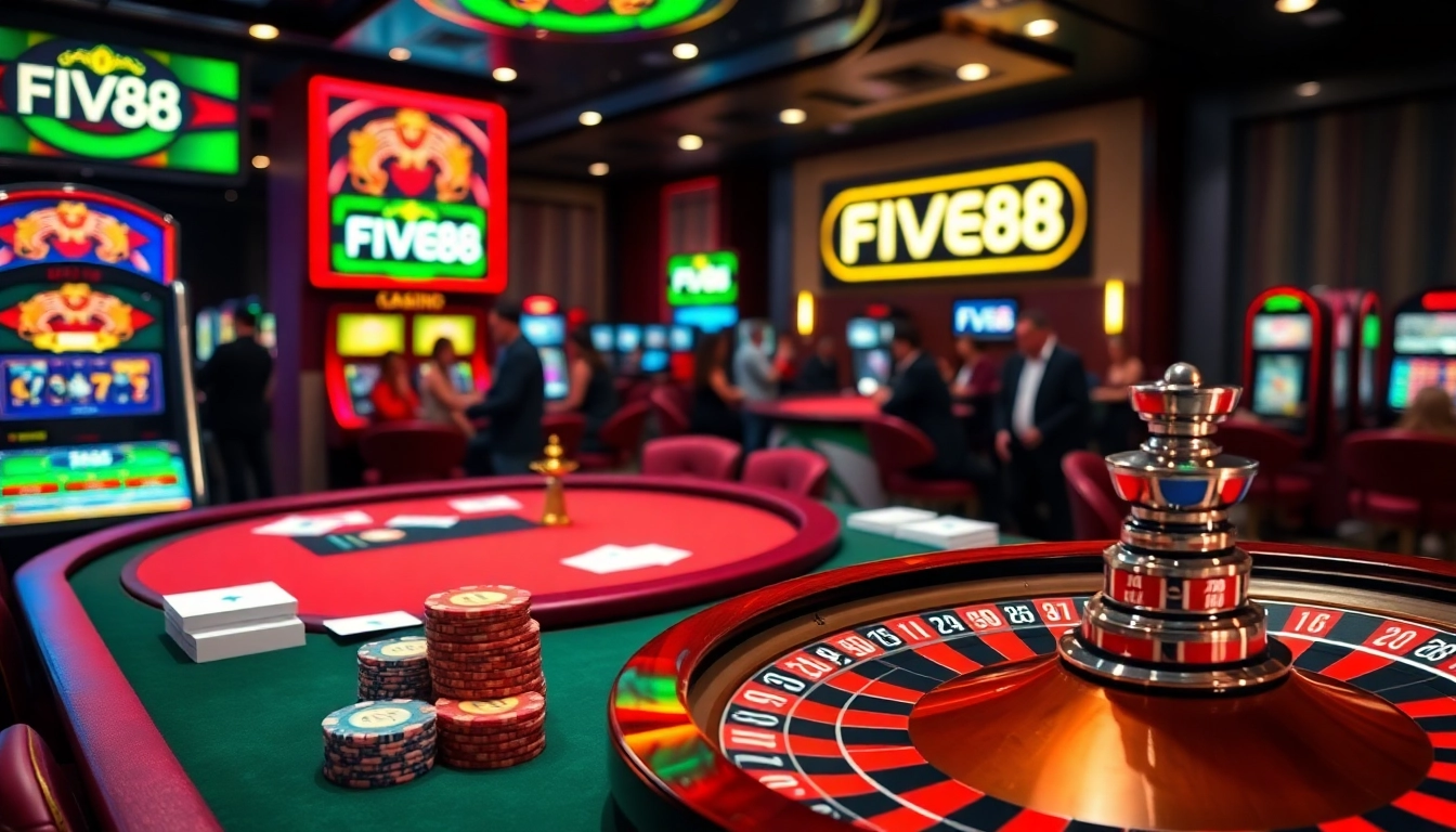 FIVE88 logo enhances the excitement of a high-stakes poker table with vibrant slot machines.