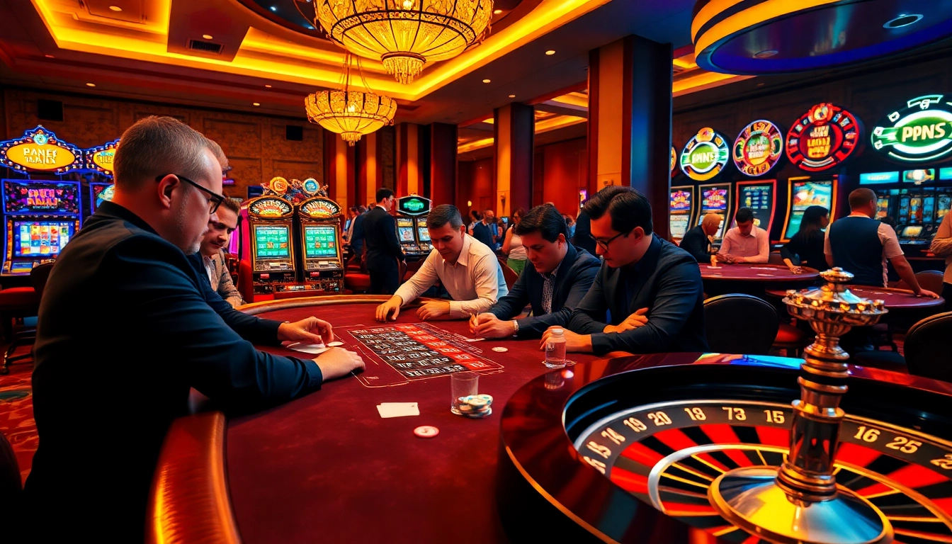 Exciting poker game atmosphere at https://mm88.sh/ with intense players and vibrant casino lights.