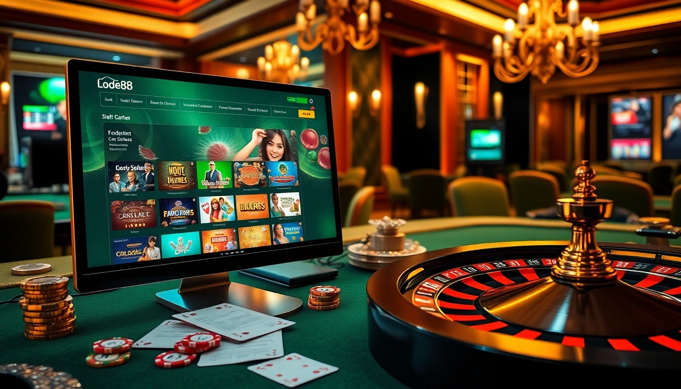 Players enjoying Lode88 online gambling on a stunning casino interface with vibrant game options.