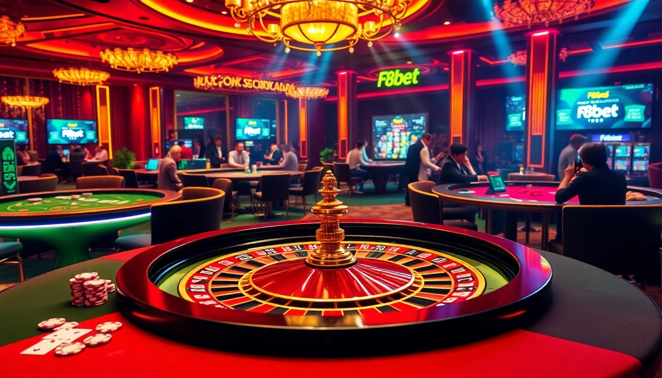 F8bet casino scene showcasing roulette and poker chips in an energetic atmosphere.