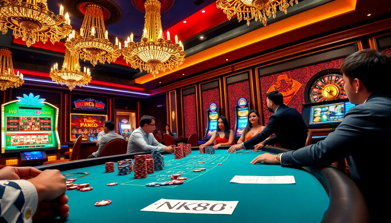 NK88 poker scene showcasing vibrant players, colorful chips, and a spinning roulette wheel in an elegant casino.