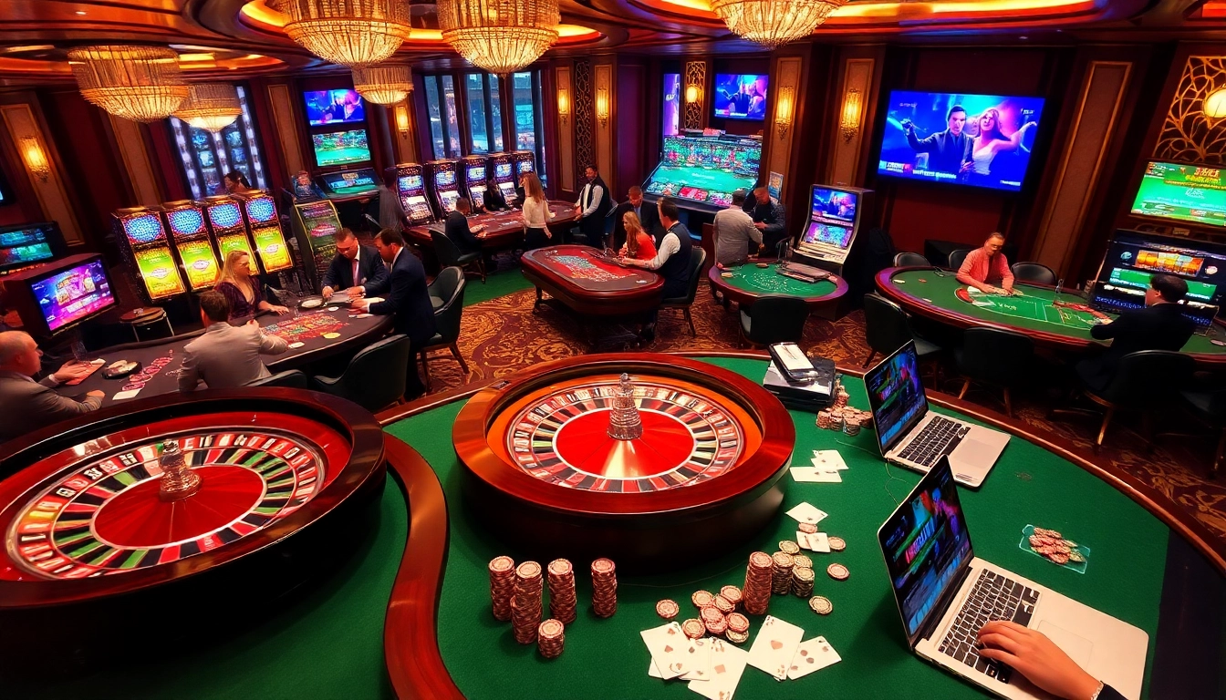 Place bets at https://bk8x.club/ in a vibrant casino setting with tables, slots, and players enjoying the thrill.