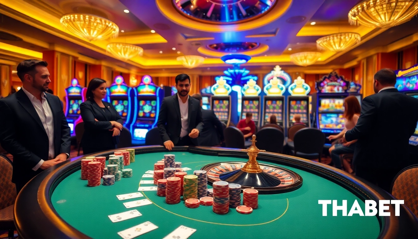 Gamblers enjoying the thrill of casino games at THABET, surrounded by colorful chips and bright slot machines.