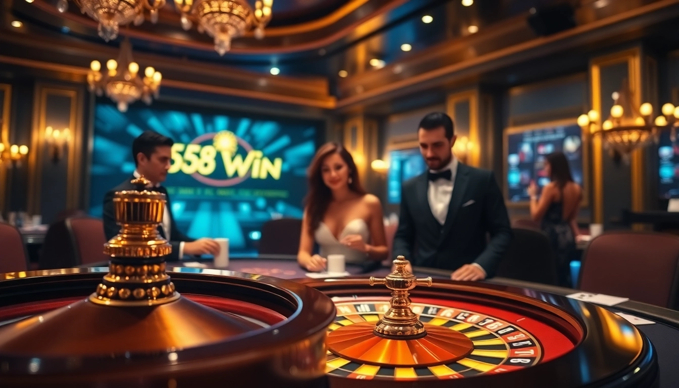 Experience the thrill of 58 WIN at a luxurious casino table with vibrant poker and roulette action.