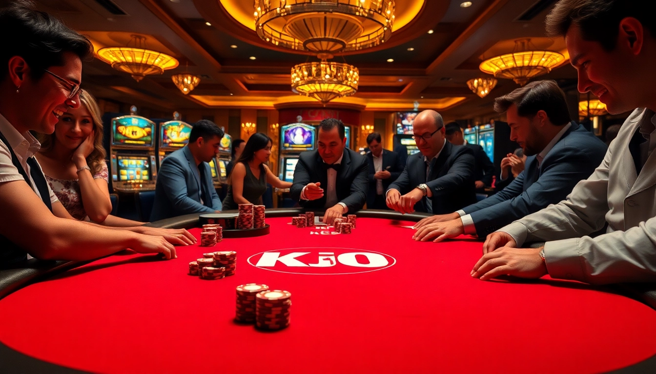 KJC poker table scene with players enjoying high-stakes action at a glamorous casino.