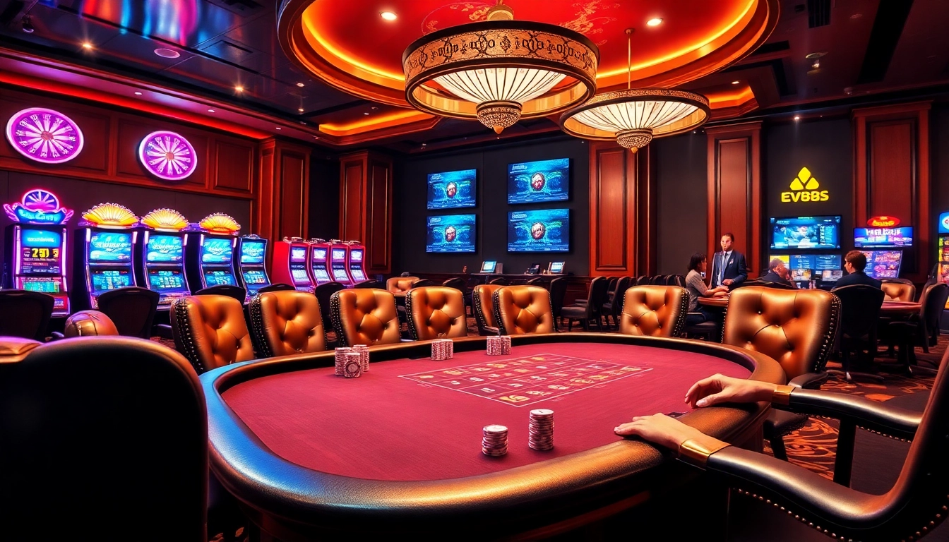 Players enjoying an exciting game at EV88 Casino, showcasing high-stakes poker and vibrant slot machines.