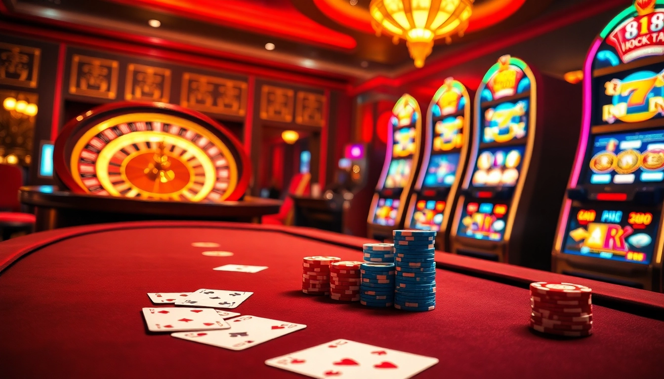 Engaging lucky88 casino atmosphere with vibrant slot machines and poker games.