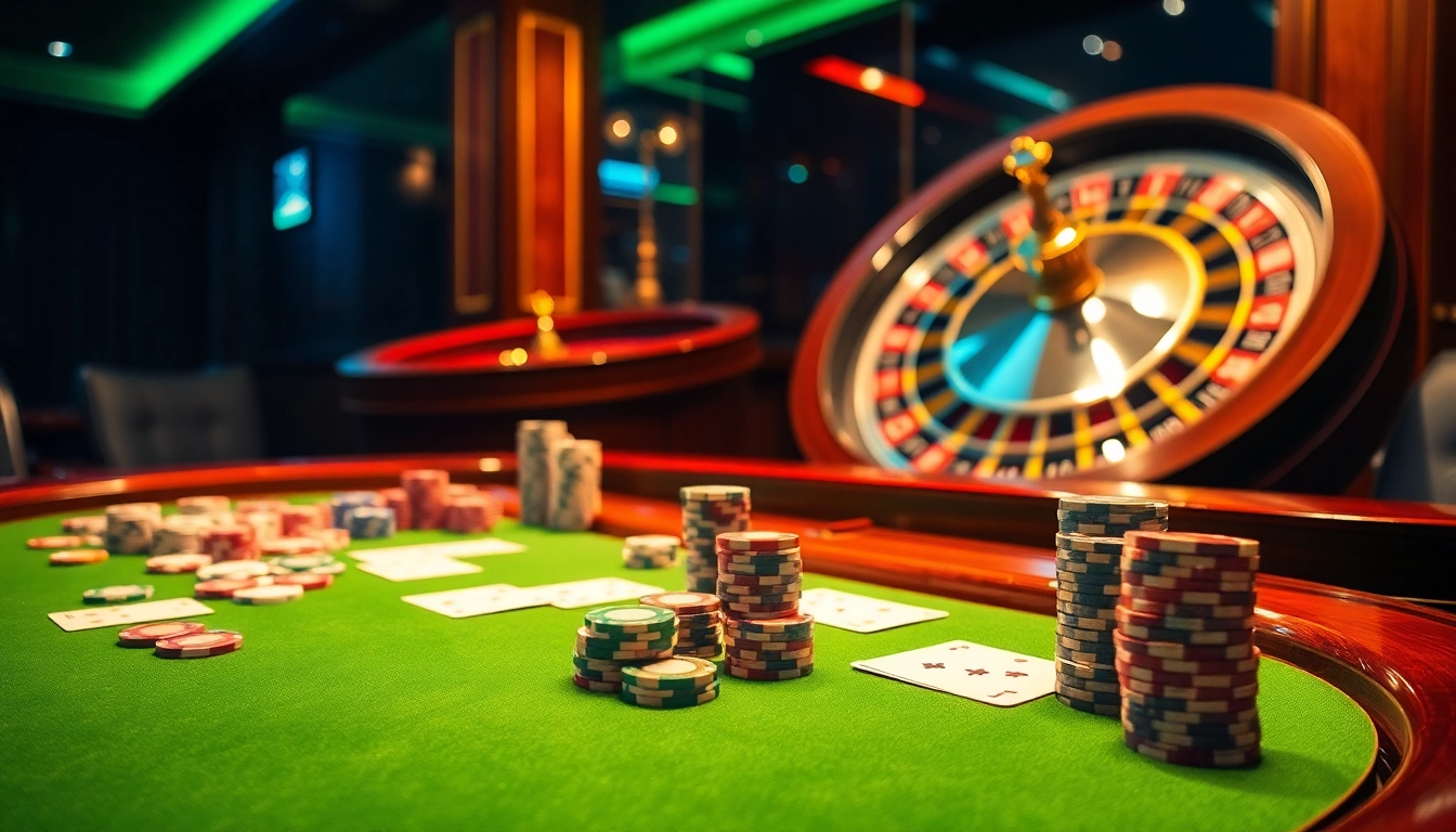 Players engaging in an exciting poker game at Jun 88 casino, showcasing vibrant chips and a sleek table.