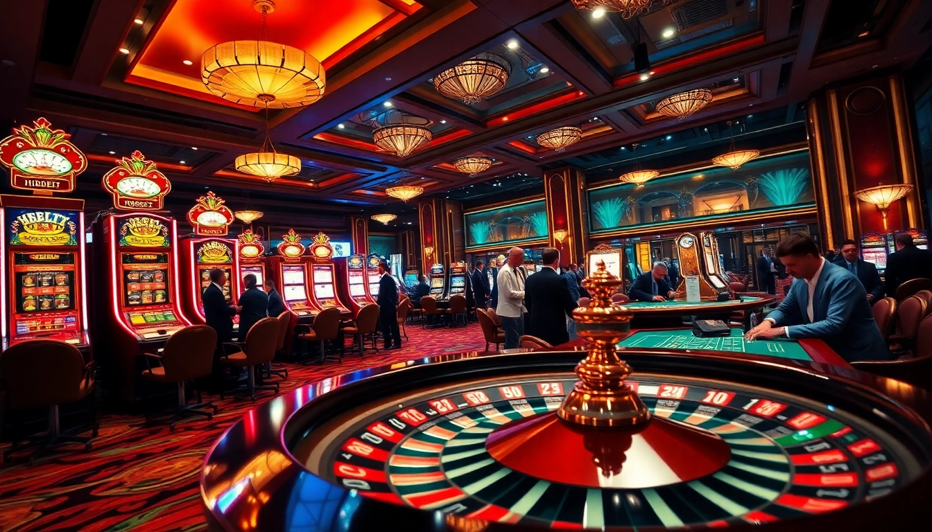 Exciting casino action showcasing HBBET with players at poker tables and a roulette wheel.