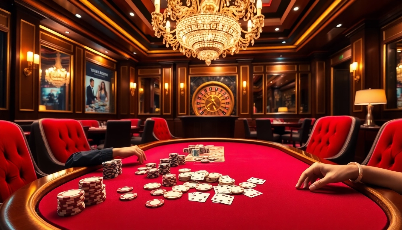 Engaging poker players at a luxurious casino table with kp88-themed decorations.