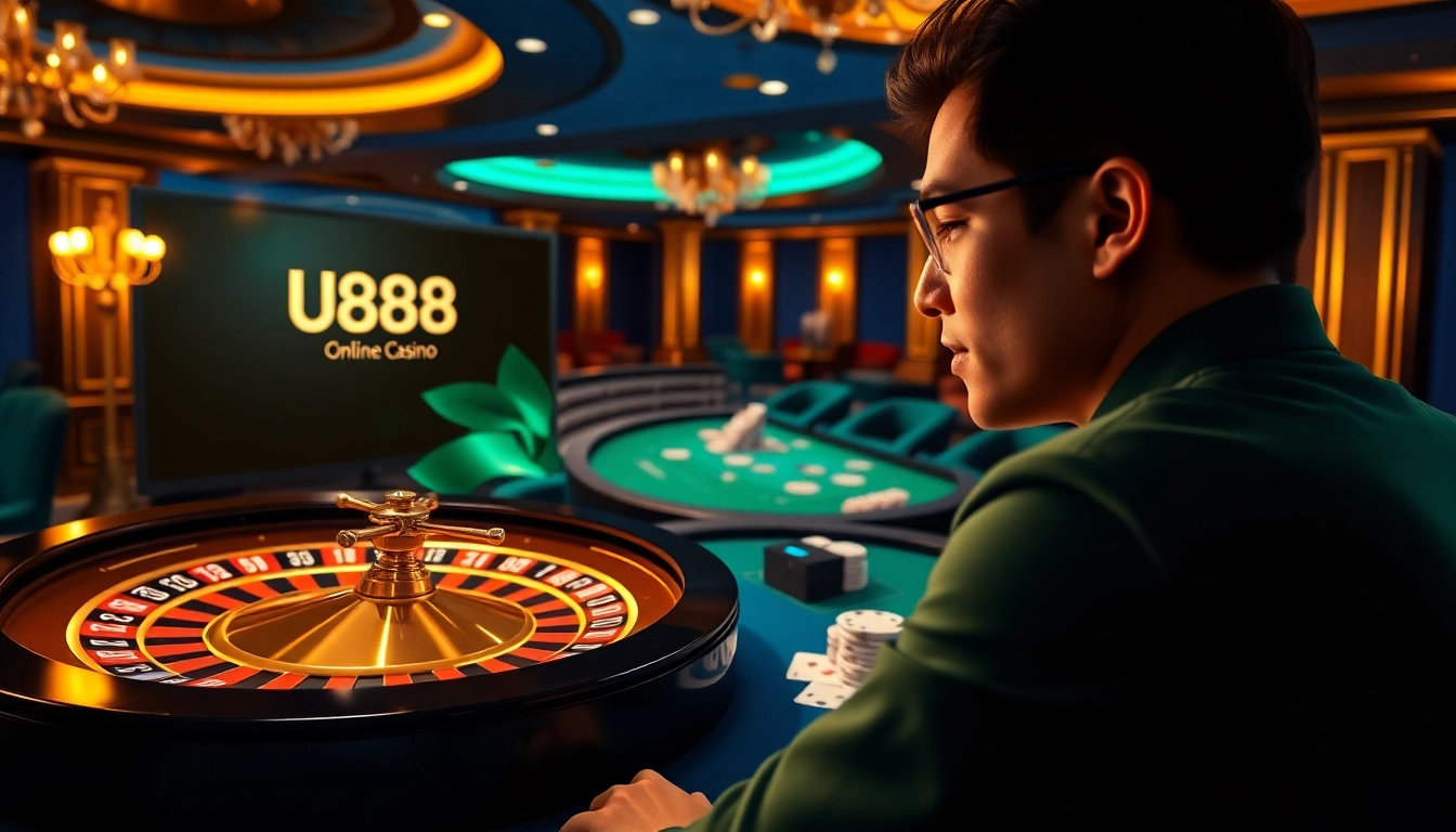 Experience the excitement of U888 online gambling with a luxurious casino scene!
