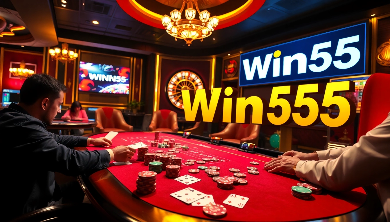 Win55 poker players strategizing at a luxurious casino table with vibrant chips.