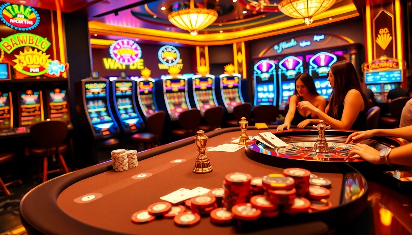 Experience the excitement of gambling with RR888-themed poker chips and tables at a luxuriously designed casino.