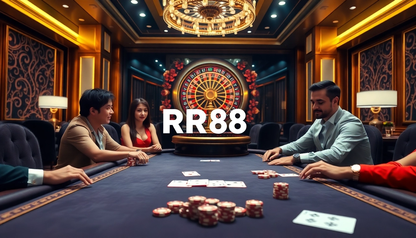 Experience thrilling gaming action at RR88 casino with poker chips and a roulette wheel.