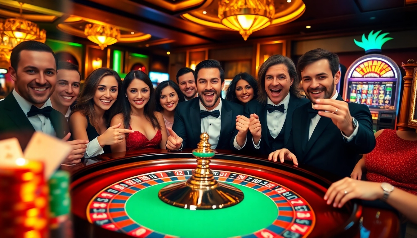 Excited players engaging at a luxurious i9bet roulette table in a vibrant casino atmosphere.