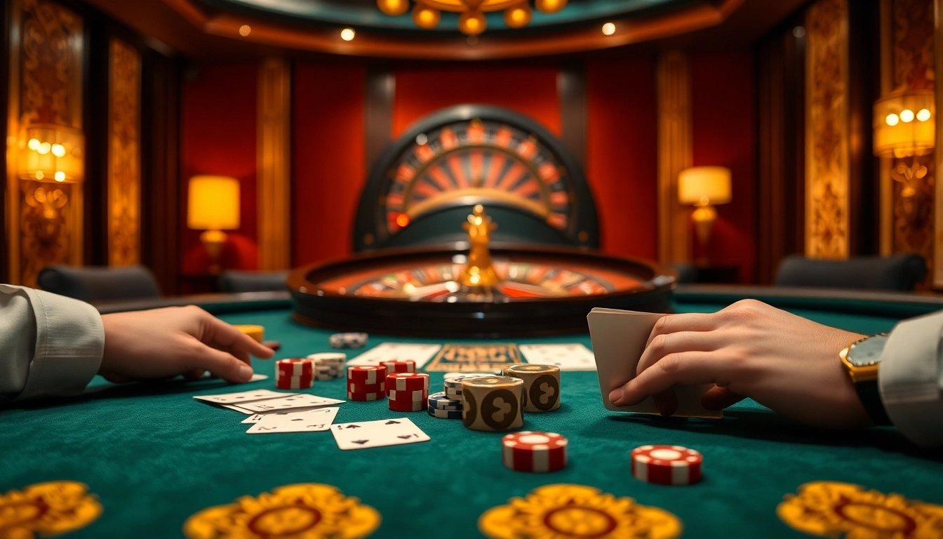 Experience the thrill of Nhà cái DF999 with an elegant casino table setup featuring poker chips and a roulette wheel.
