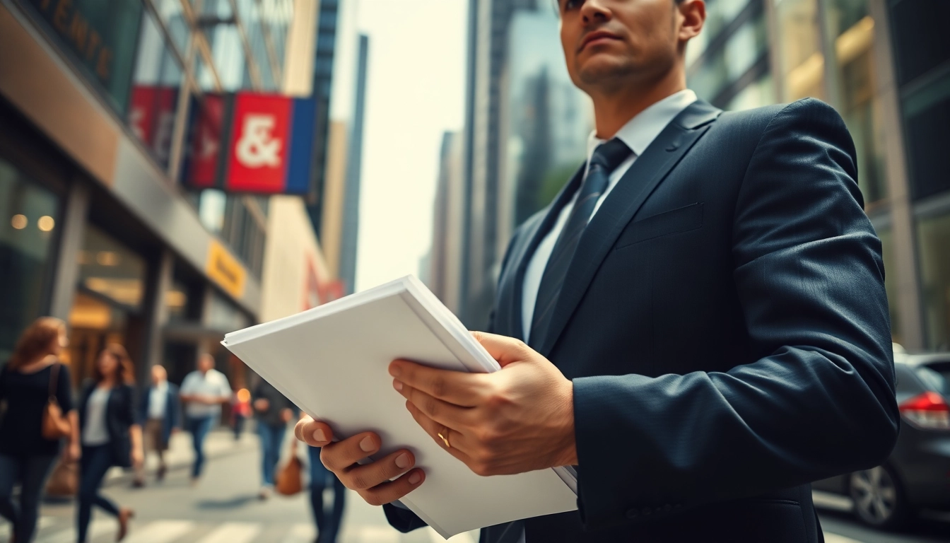 Process serving agent delivering legal documents in a city, showcasing professionalism and urgency.