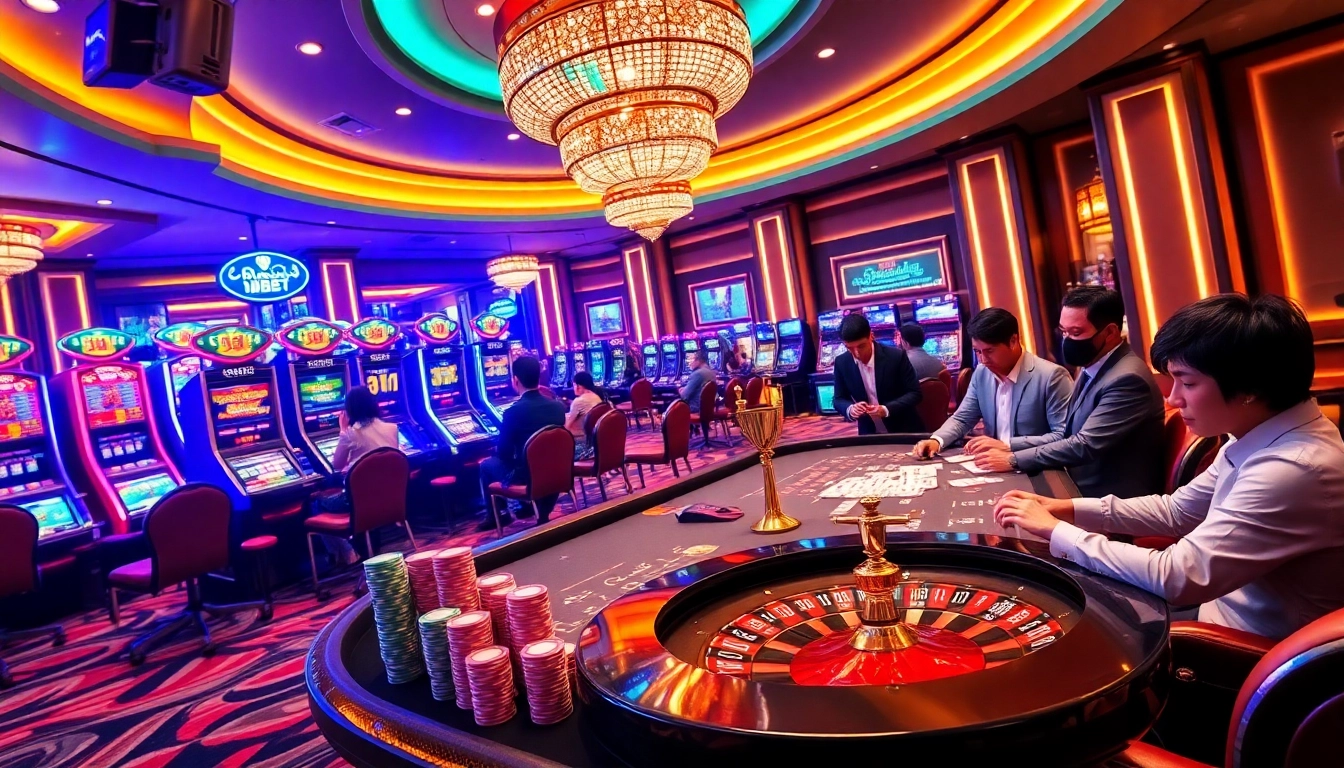A vibrant casino scene featuring 8kbet with poker chips and a roulette wheel, capturing the excitement of gambling.