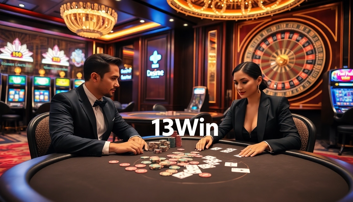 Two players engaging in a high-stakes game at a luxurious 13Win casino table, featuring poker chips and cards.