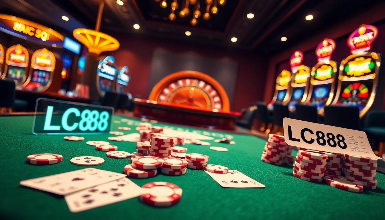 Experience the thrill of LC88 casino gaming with poker chips, cards, and a roulette wheel.