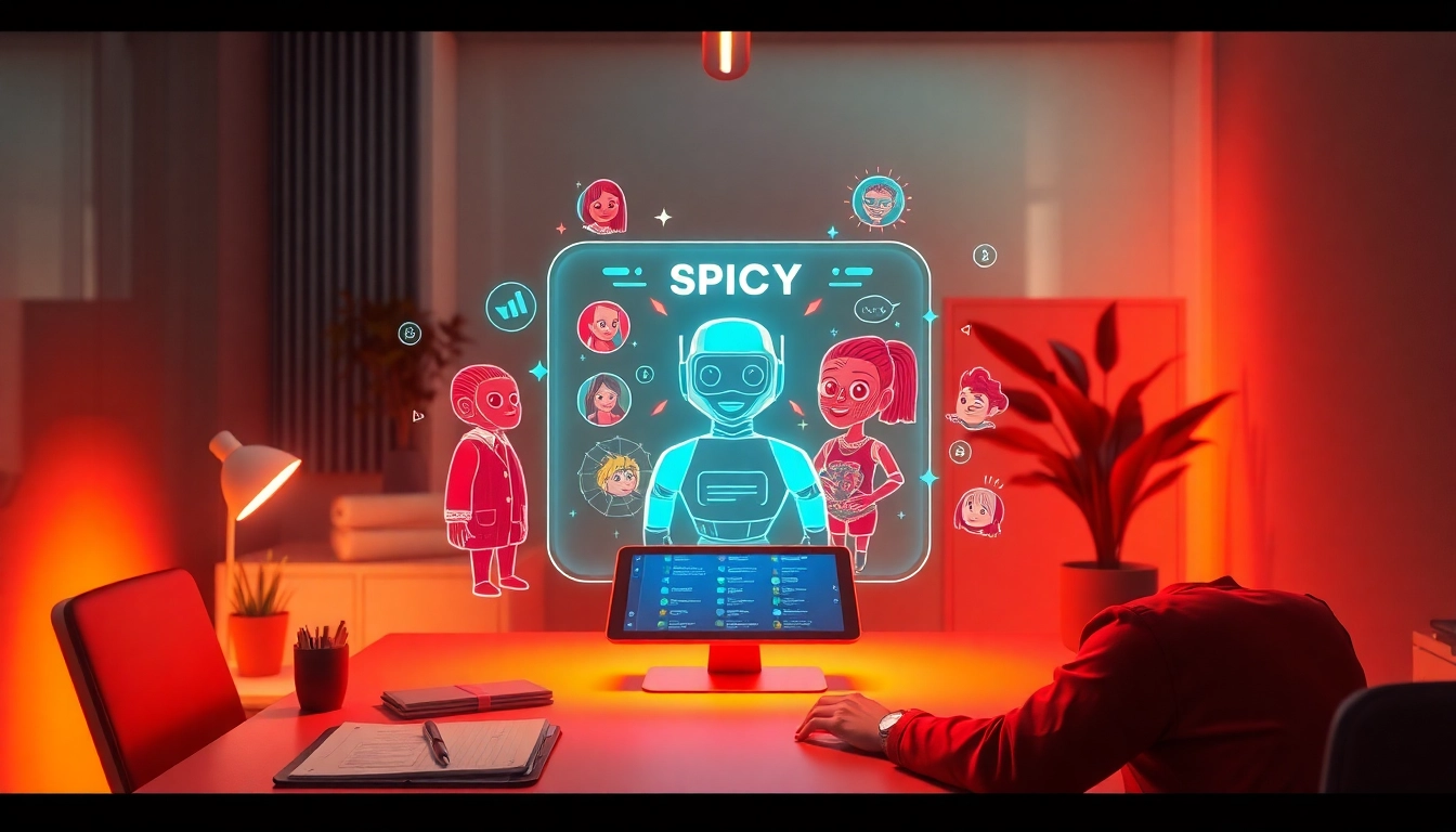 Interactive 'spicy ai' chatbot experience in a vibrant modern workspace.