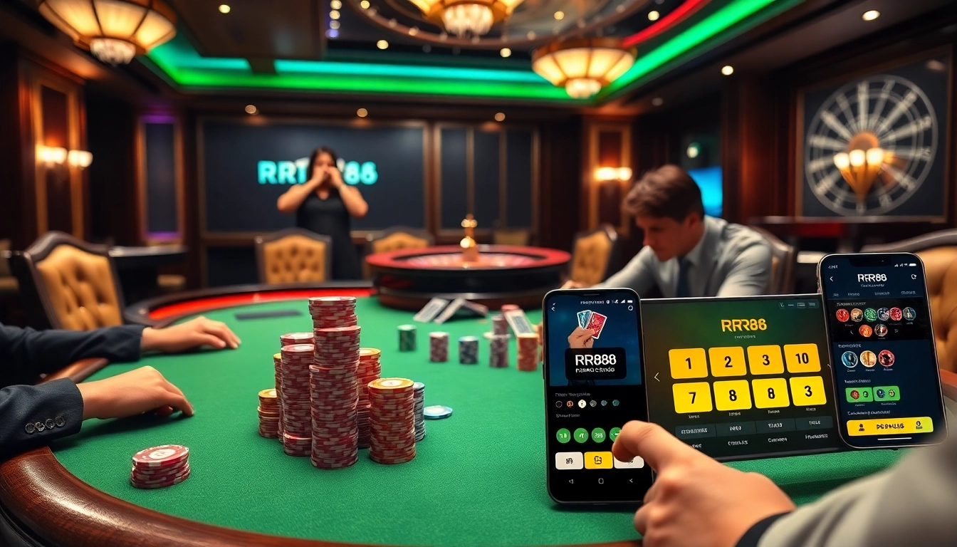 RR88 players enjoying an exciting poker game at a luxurious casino table.