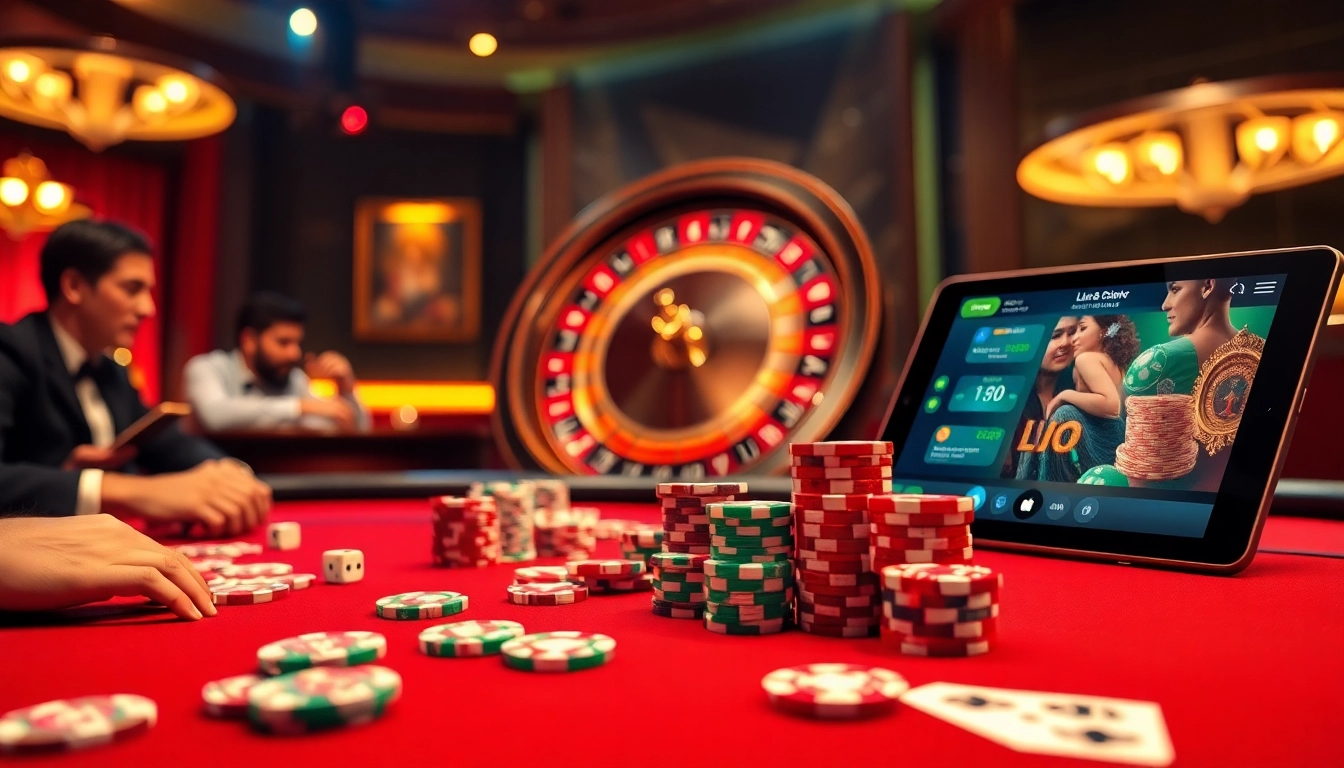 lu88 poker game setup with vibrant chips, roulette wheel, and engaging atmosphere