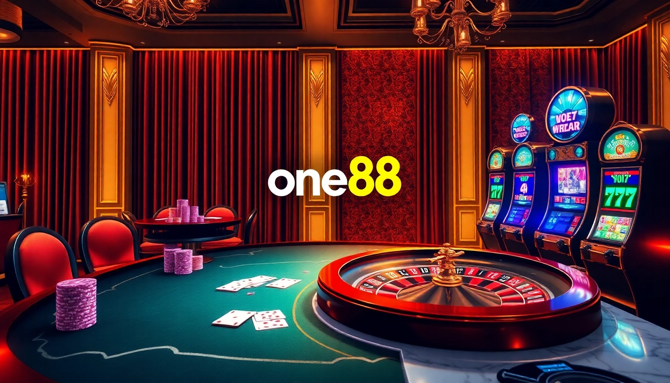 Engaging casino scene showcasing one88's luxurious online gambling features with vibrant lighting and stylish poker elements.