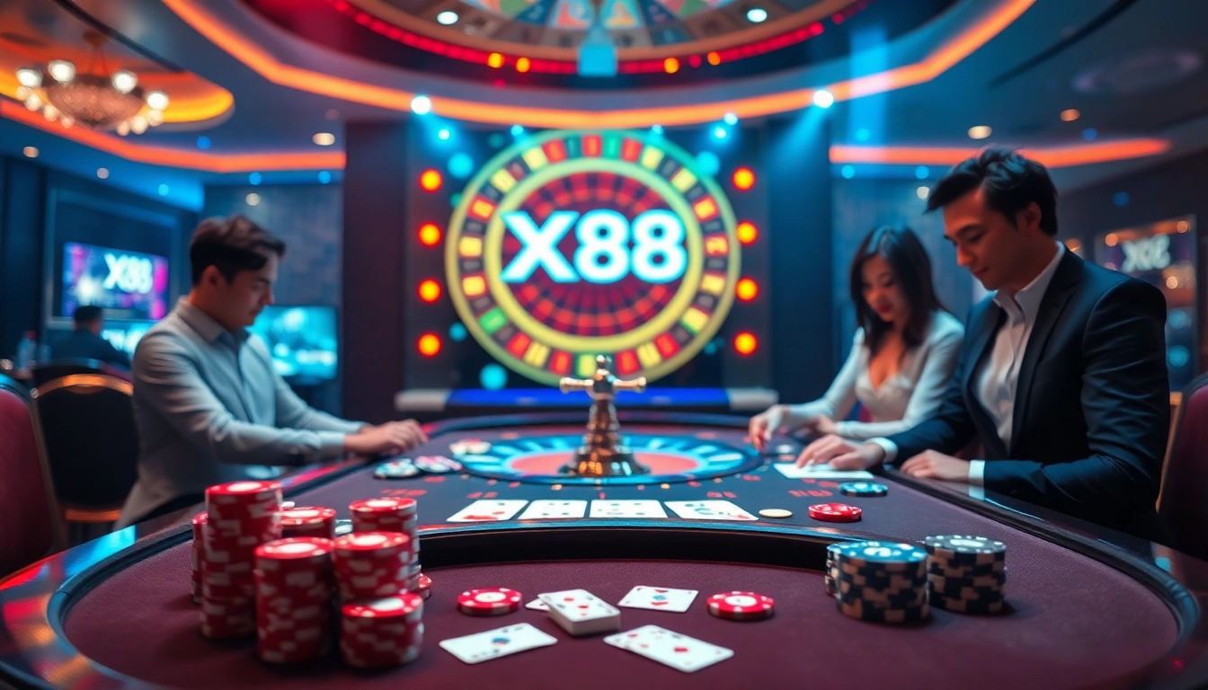 Experience the excitement of Nhà Cái X88 with vibrant casino gaming elements and high-stakes atmosphere.