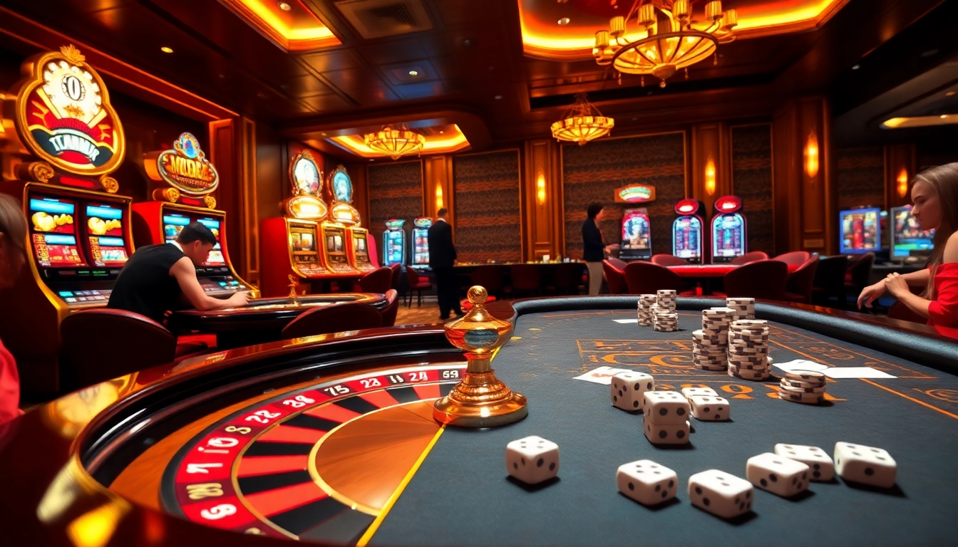 Mu88 casino scene with players at roulette and poker tables showcasing excitement and luxury.