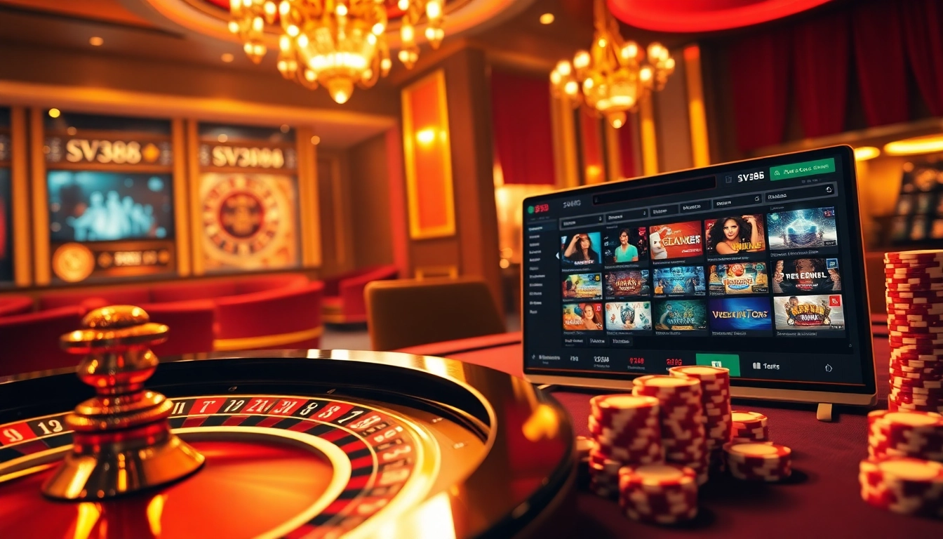 SV388 casino scene featuring roulette wheel, poker chips, and online betting interface.