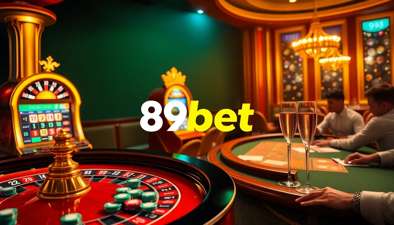 Experience the excitement of 89bet with a luxurious casino scene showcasing tables, chips, and players.