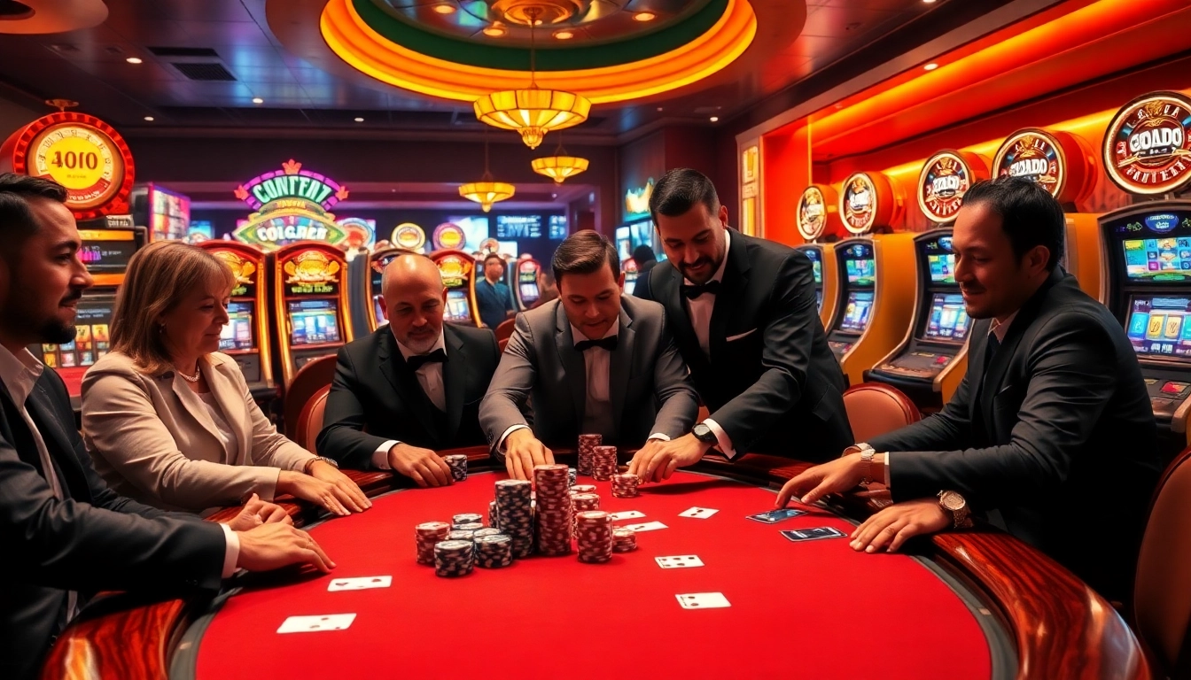 Players engage in a thrilling poker game at a bem88 casino table, with colorful chips and cards.