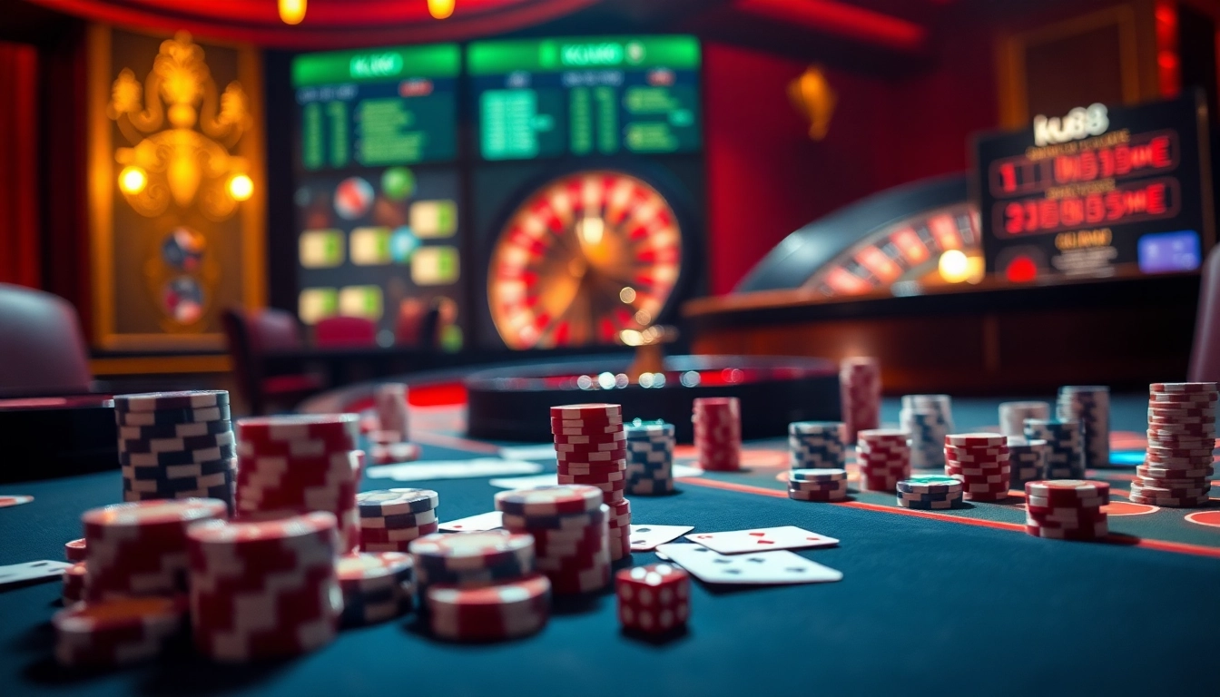 ku88 casino scene with vibrant gaming table, poker chips, and roulette wheel
