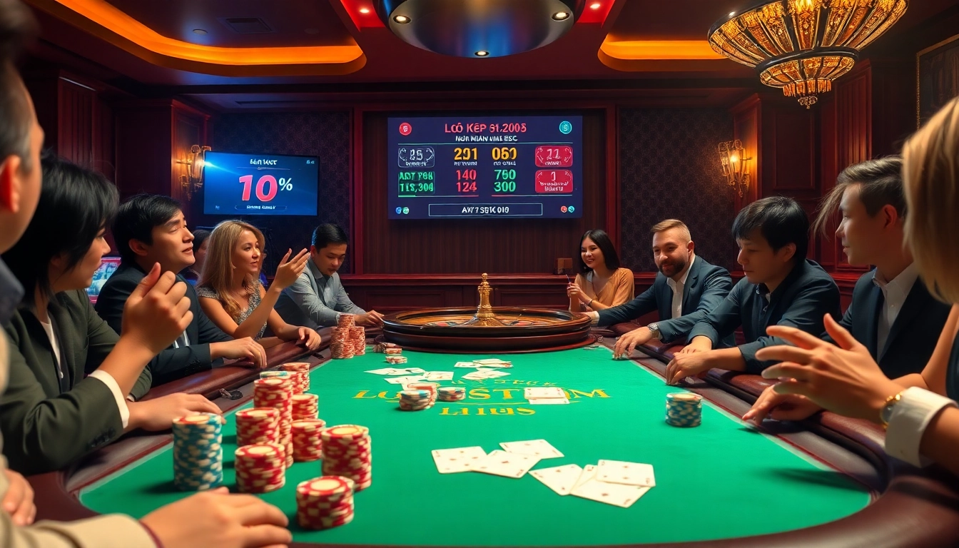 Players engage in lively poker action, analyzing statistics for lô kép miền bắc, amidst colorful casino elements.