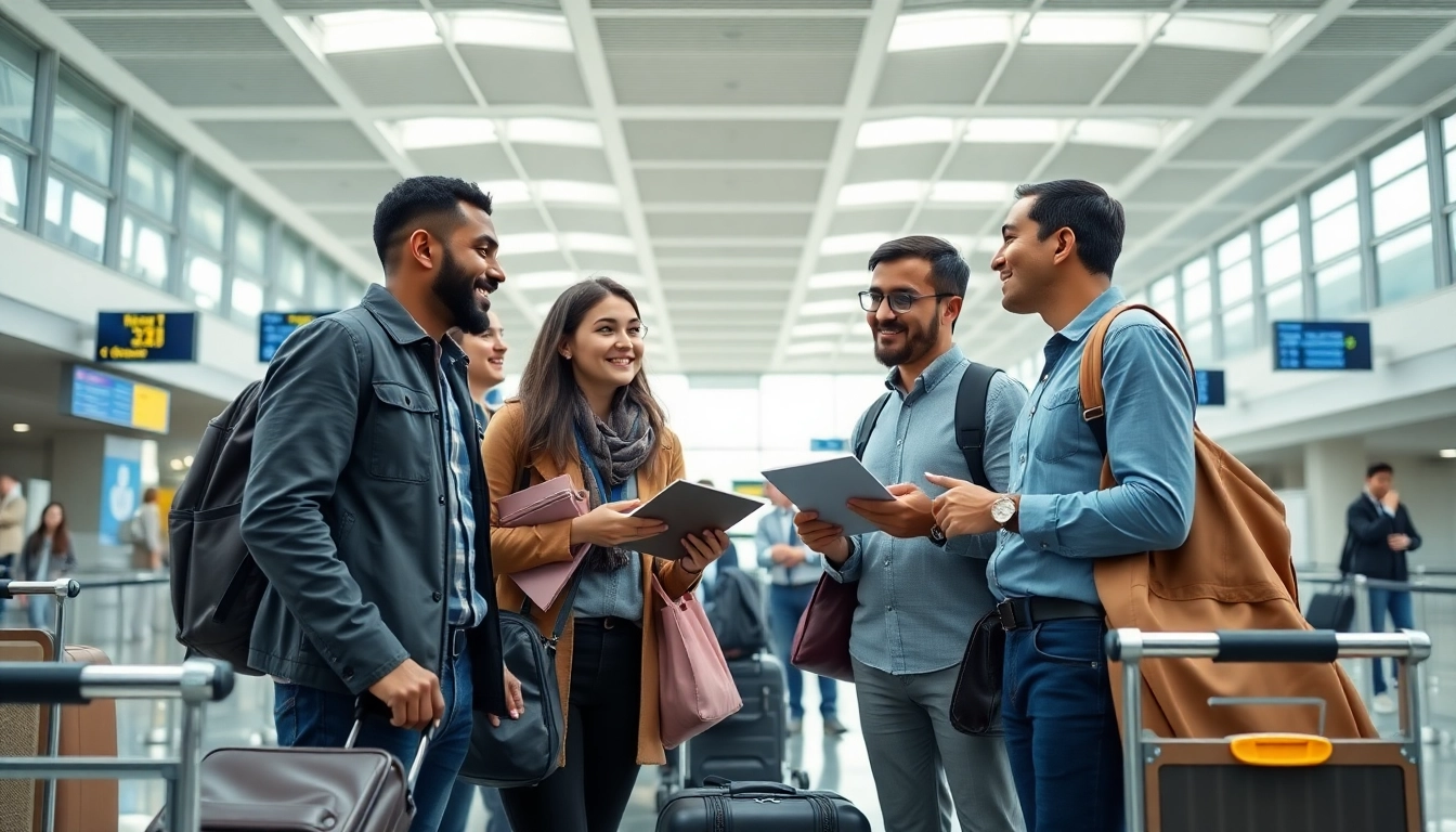Travelers engaging in the uk eta online application at a modern airport terminal