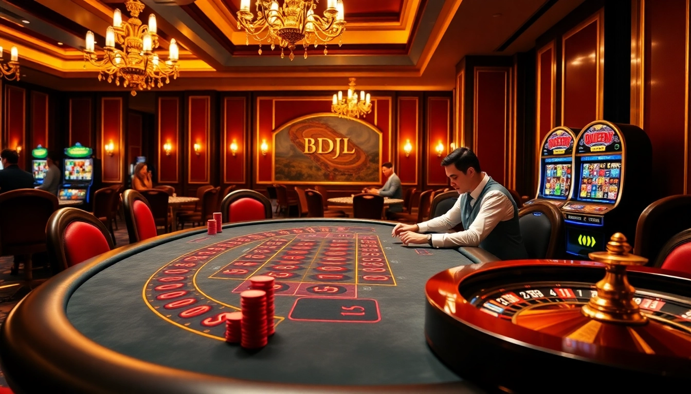 Players engaging at a BDJL poker table in a luxurious casino, highlighting high-stakes excitement.