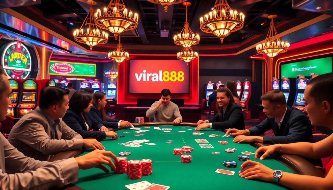 Players enjoying a poker game at a luxurious casino table, showcasing the essence of viral88.