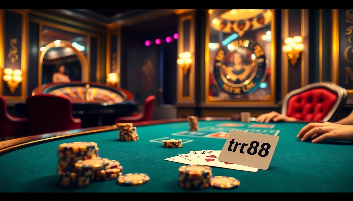 Betting chips on a high-stakes poker table with a 'tr88' theme and luxury casino ambiance.