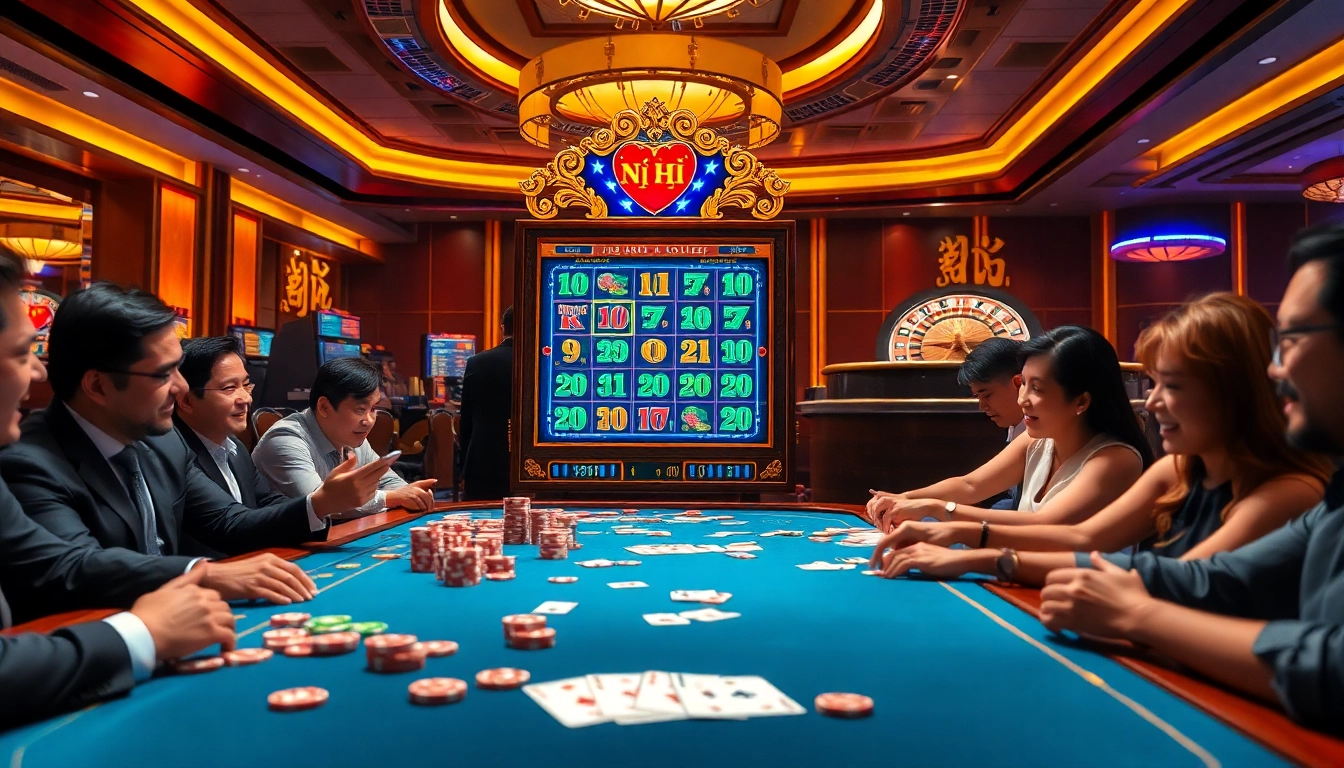 Experience thrilling gameplay with Nổ Hũ on a vibrant slot machine in a luxurious casino.